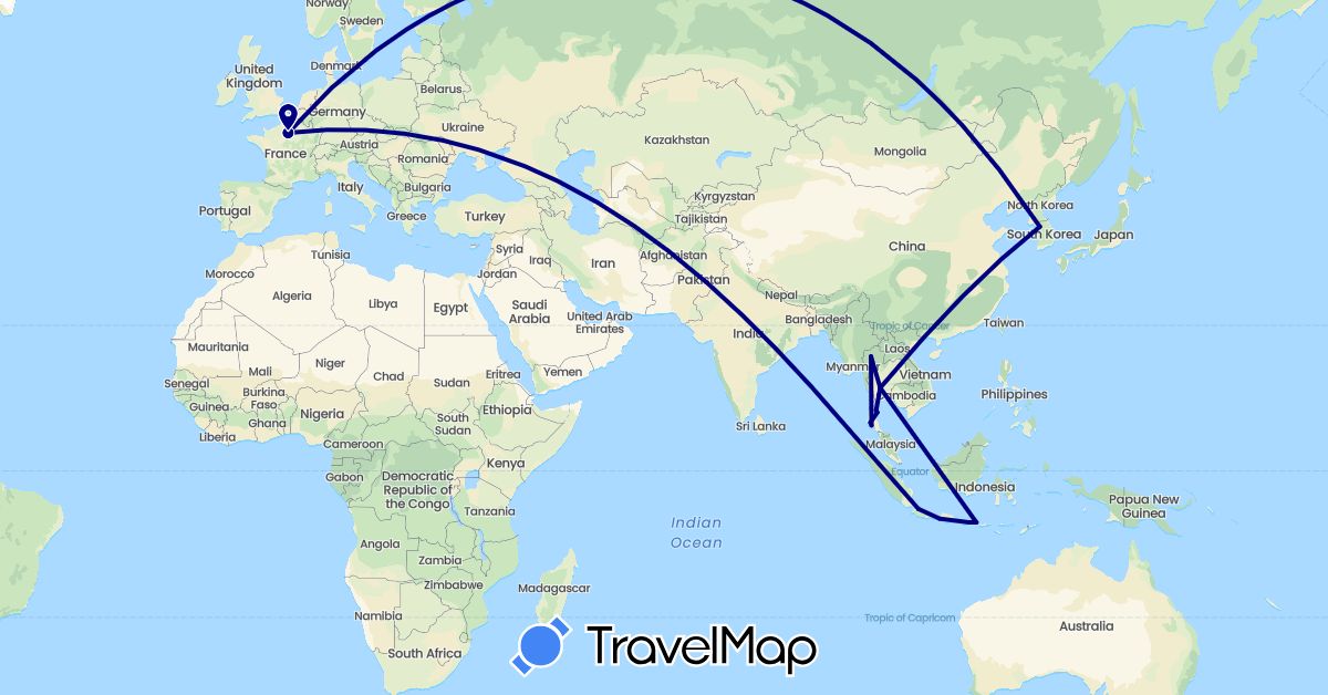 TravelMap itinerary: driving in France, Indonesia, South Korea, Thailand (Asia, Europe)